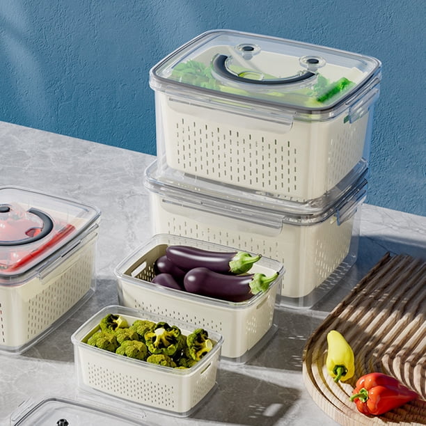 Contenedor portátil de 2500 ml para almacenar alimentos con cesta de drenaje • tapa hermética para conservar frescos • Organizador de plástico blanco para frutas y verduras