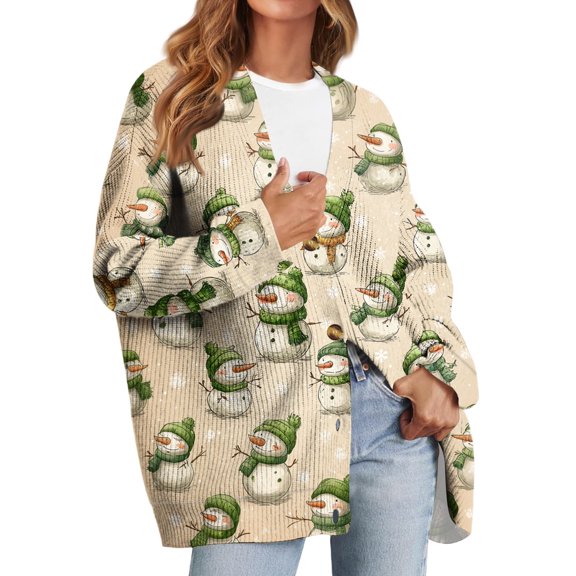 Women's Fashion Long Sleeve Christmas Print V-Neck Button Loose Cardigan Top, Knit Sweater for Casual Outfits and Comfort,Light Green,L