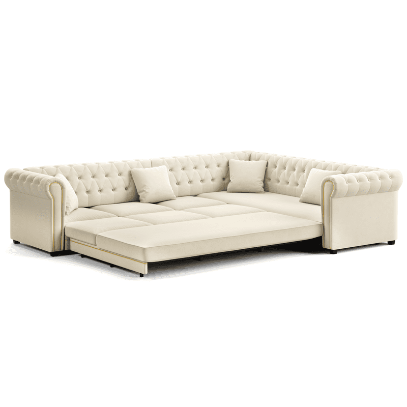 115.3" L-Shaped Sleeper Sofa with Pull-Out Bed, Velvet Sectional Couch with Gold Trim Rolled Arms, Chesterfield Tufted Convertible Sofa Bed with Deep Seats and Throw Pillows for Living Room