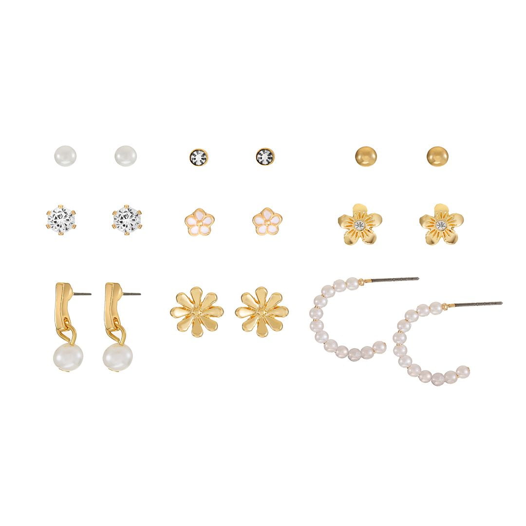 Time and Tru Womens Gold Mini Stud and Hoop Earring Collection, Flower Motif, 9 Pairs