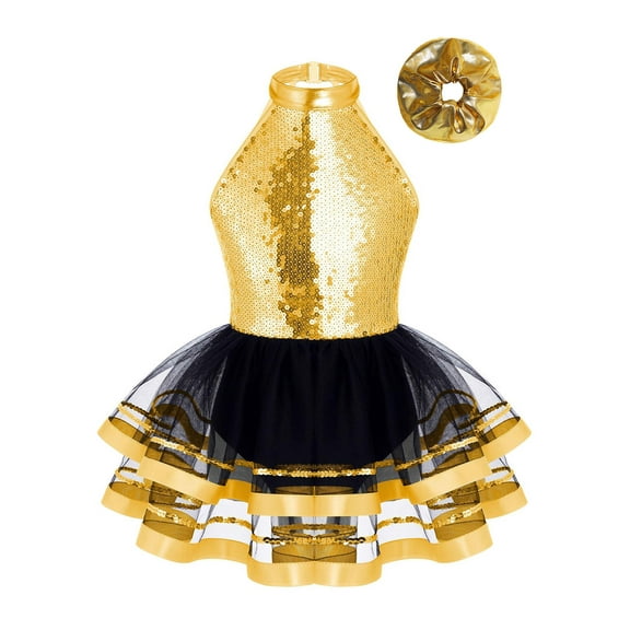 iiniim Kids Girls Sparkle Sequin Halter Neck Dance Dress Ballet Mesh Tutu Skirt Ballerina with Hairband Gold 8