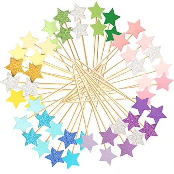 50pcs Multicolor Stars Cupcake Toppers Mini Cake Toppers Food Decoration Toppers Party Decorative Accories for Birthday Wedding  Shower
