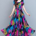 thumbnail image 1 of Royalbelle Femmes Robe Col Rond Manches Courtes Robe Imprimée Taille-Minceur une-Ligne Jupe Violet M, 1 of 8
