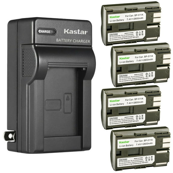 Kastar 4 Pack BP-511 BP-511A Battery and AC Wall Charger Compatible with Canon MV700i DM-MV730i MV730i DM-MV750i MV750i Optura 10 Optura 20 Optura 50MC Optura 100MC Optura 200MC Optura Pi Cameras