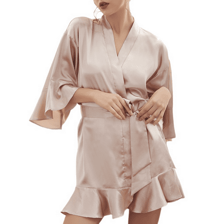 

Homegro Women s Lightweight Satin Kimono Bath Robe 3/4 Sleeve Bathrobe V Neck Thin Loungewear Golden XX-Large