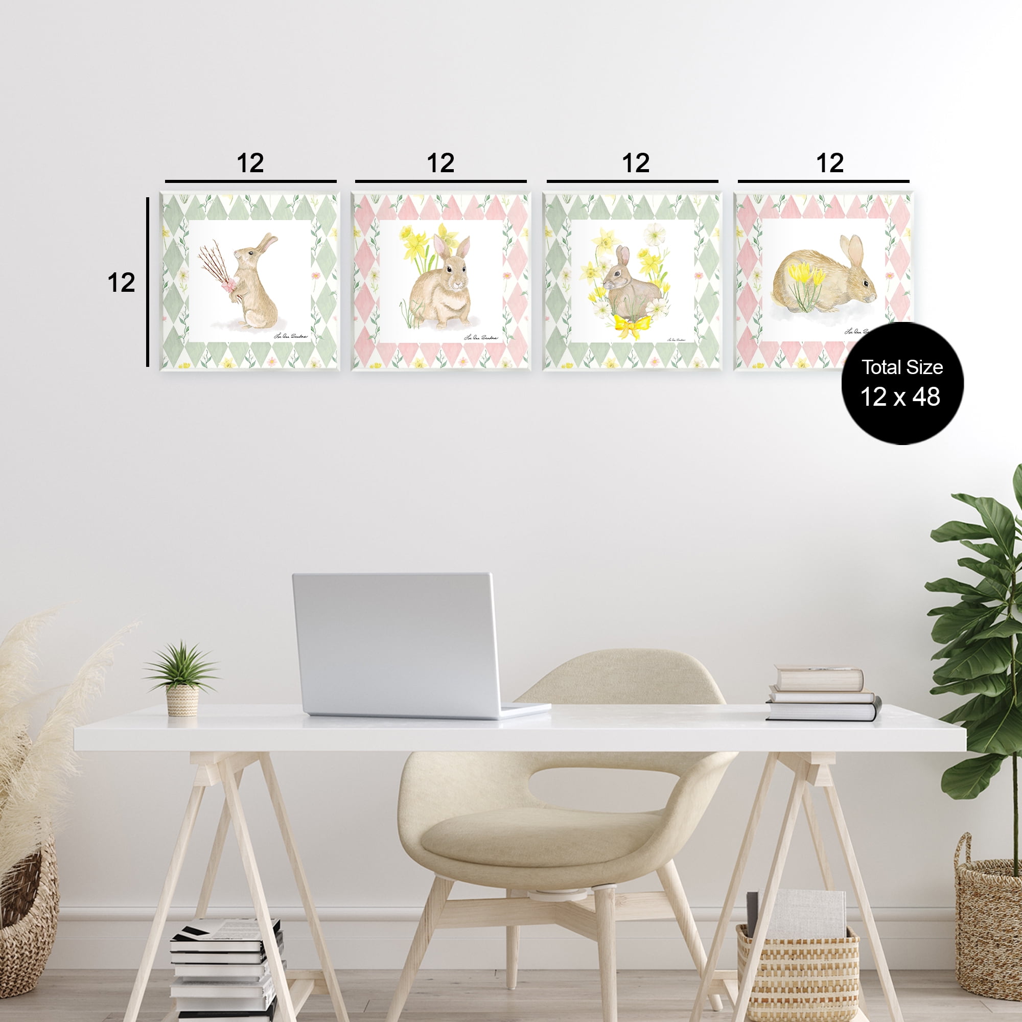 Spring Bunnies on Argyle 4 Piece Wall Plaque Art Set, design by Lee Ann Sanders