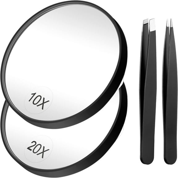 Wattne Magnifying Mirror, 3.5 Inch 20X Mirror & 10X Magnifier Mirrors with 2 Suction Cups, Small Travel Magnifying Mirror and Tweezers Kit for Eyebrow Tweezing, Blackhead Blemish Removal (Black)