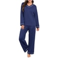 thumbnail image 2 of Women Fashionable Casual Loose Solid Color V Neck Long Sleeved Pants Pajama Set Top Pants Set, 2 of 7