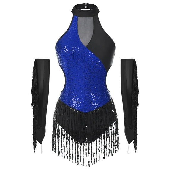 Kaerm Women Latin Cha-Cha Dance Dress Sparkling Sequin Fringed Bodysuit with Metallic Gloves Royal Blue M