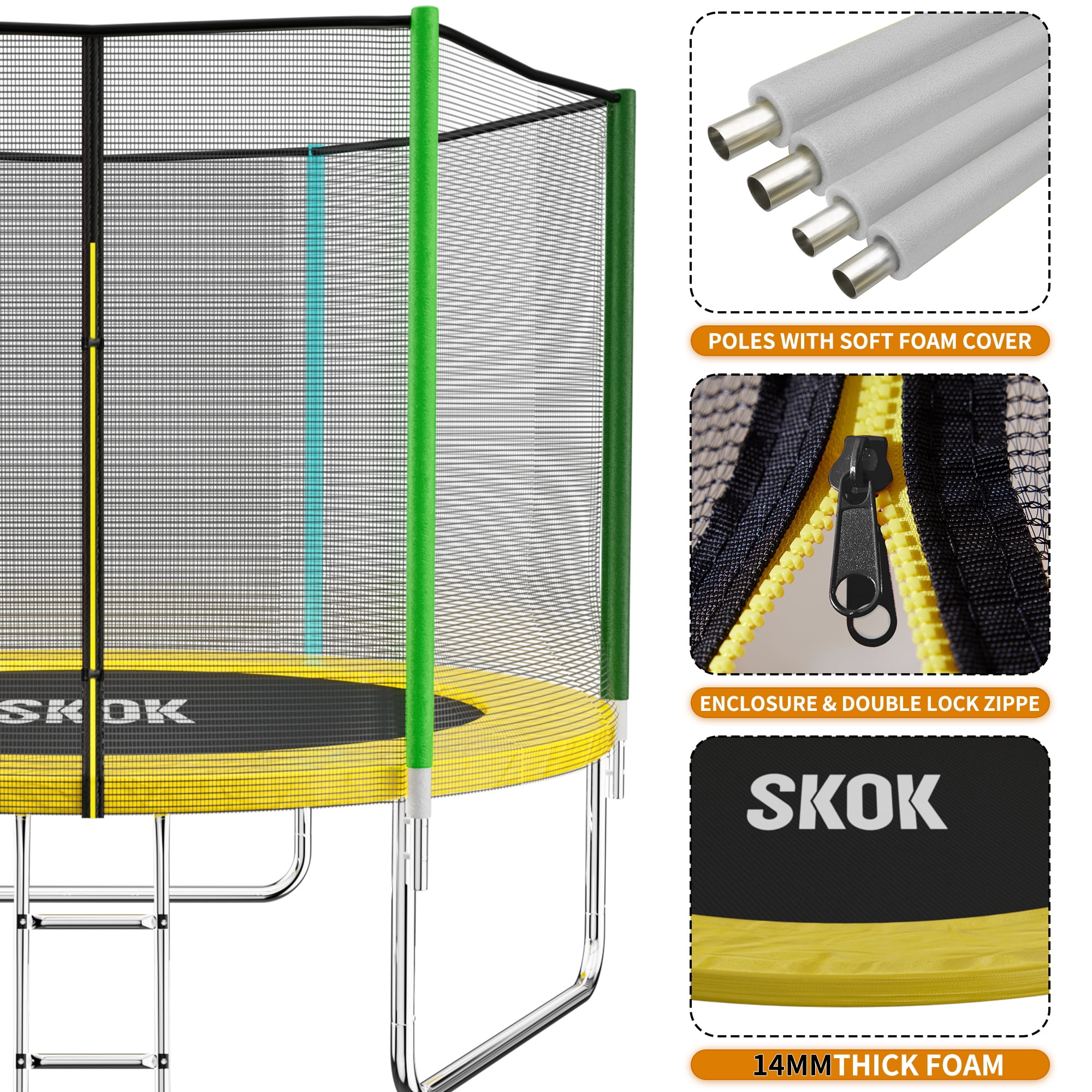 SKOK 8FT Backyard Trampoline with Enclosure Net & Ladder, Upright-Poled Outdoor Colorful Trampoline, 400LBS Capacity Waterproof Durable Trampoline for Kids & Adults Family Birthday Gift