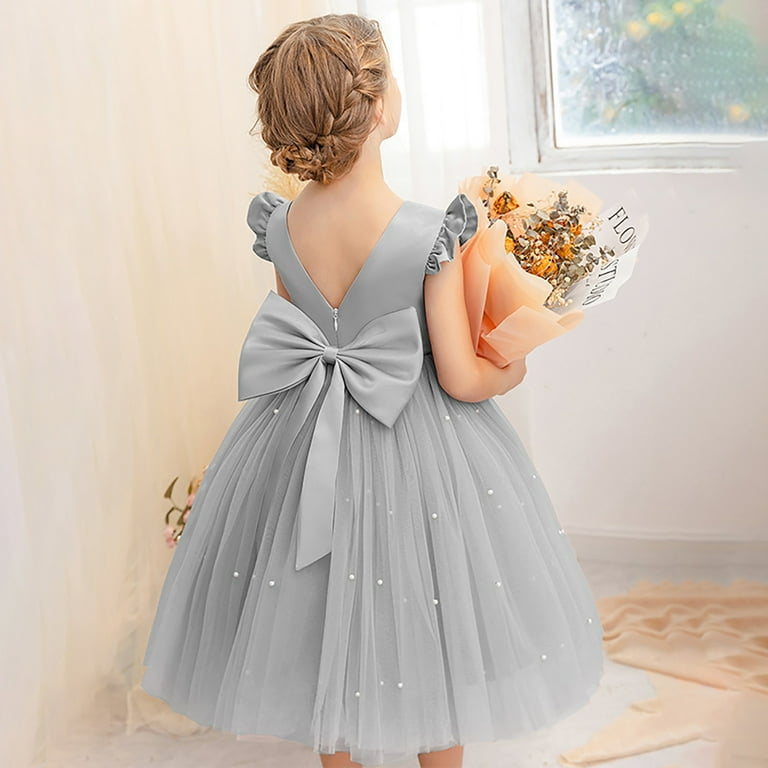 Grey Frocks For Baby Girl Hi-Low Drop Waist Dress For Girls In Light Grey   OMAMImini
