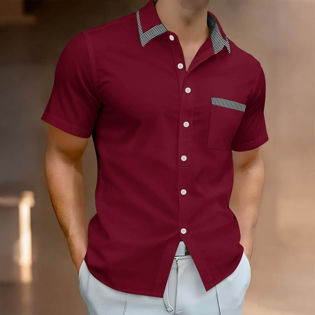 Blusa y camisa de manga corta con cuello vuelto para hombre, cárdigan estampado con botones y bolsillo de solapa de manga corta, blusa para hombre