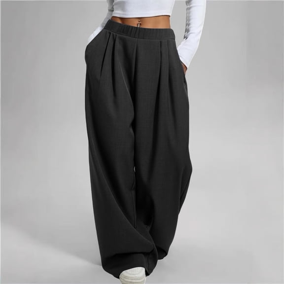 Women's High Waist Wide Leg Pants, Drapping Casual Trousers with Pockets, Long Flowy Lounge Pants for Daily Wear, Loungewear, Street Style and Versatile Outfits Black L