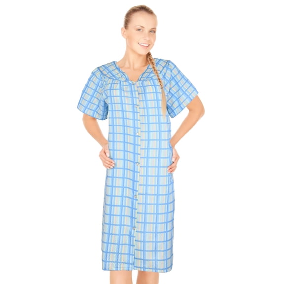 JEFFRICO House Dresses for Women with Pockets - Lightweight Breathable Short Sleeve Muumuu & Nightgowns - Snap Front Housecoat and Dusters for Women