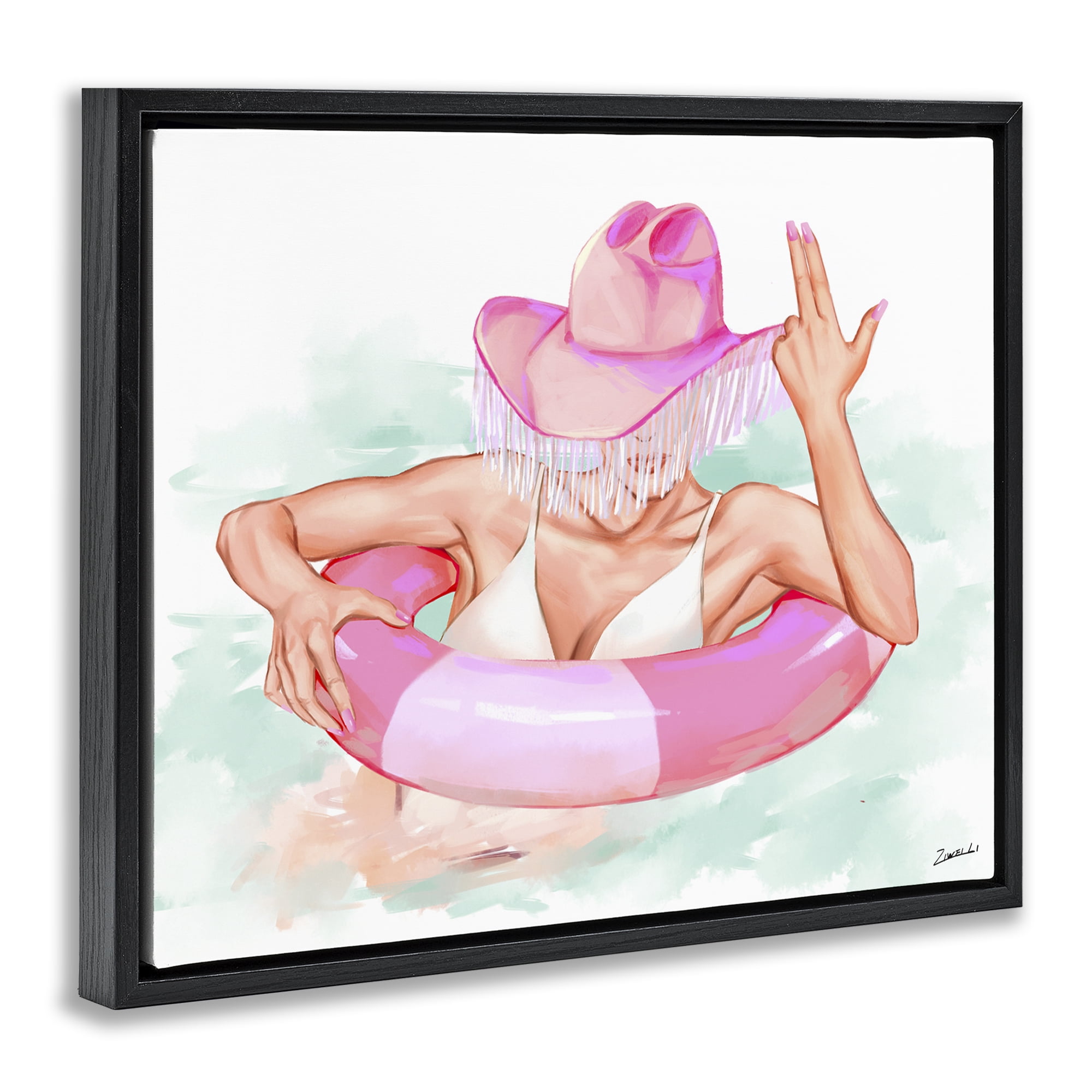 Stupell Industries Woman in Pool Float People Painting Black Floater Framed Canvas Art Print Wall Art, 31 x 25