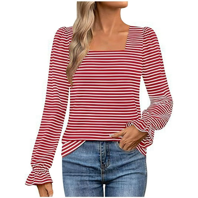 Bowake T-Shirts à Manches Longues pour Femmes Automne 2024 Décontracté Tendance Rayé Col Carré Tunique pour Sortir