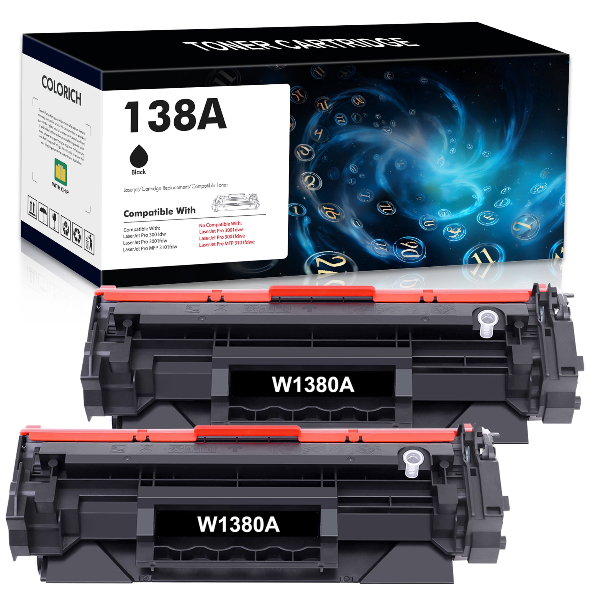 138A Toner Cartridge With Chip Compatible for HP 138A W1380A 138X for Laserjet Pro 3001dw 3001fdw MFP 3101fdw Printer (2-Pack,Black)
