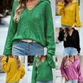 thumbnail image 6 of Women Puff Long Sleeve V Neck Knitted Pullover Sweater Jumper Tops Solid Color Casual Hollow Tops S-XL, 6 of 7