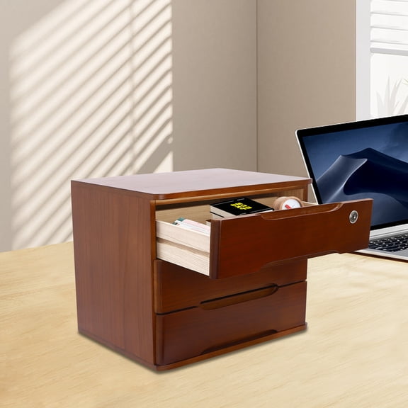 DENEST 3-Tier Walnut File Cabinet Organizer with Lockable Drawers for Desktop Storage