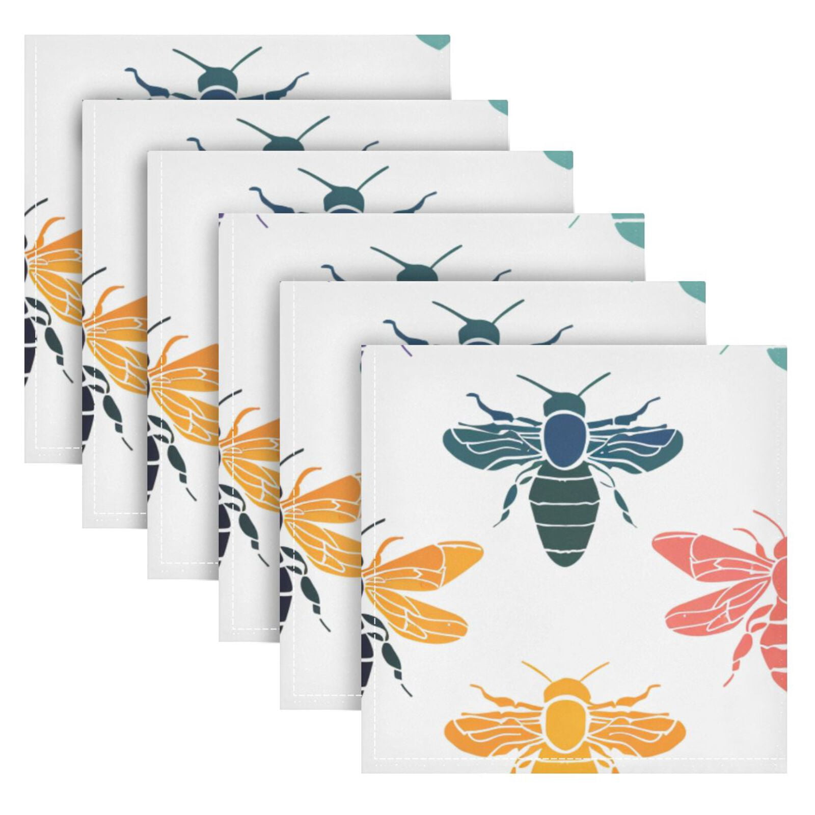 JSTEL Colorful Bee Print Cloth Napkins Set of 6, 20x20 Inch Washable and Reusable Napkin for Decoupage Dinner Party Everyday Use