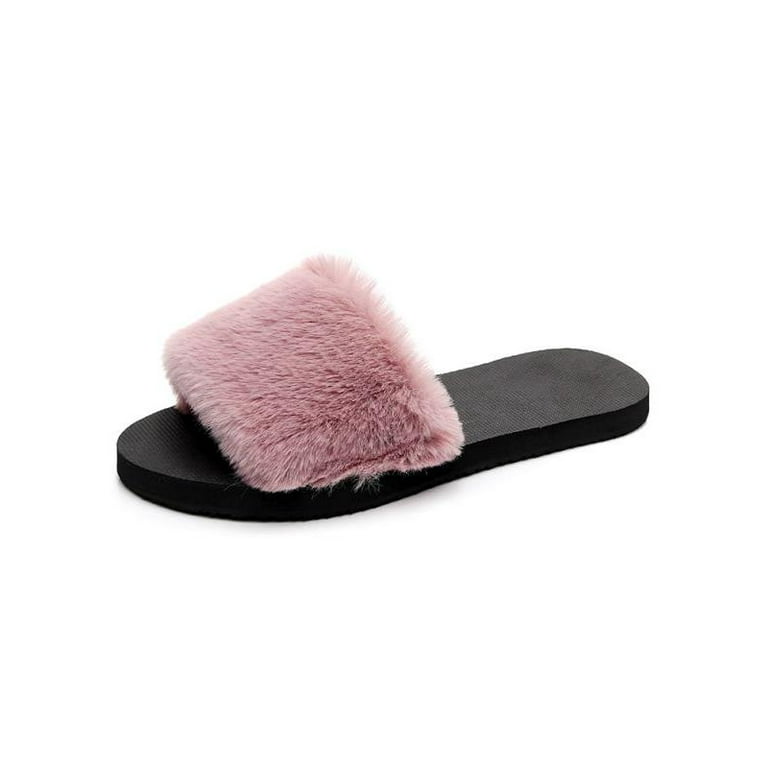 Faux Fur Slippers for Women Fuzzy Slides Fluffy Sandals Open Toe Indoor Outdoor Soft Flat Comfort Sandals Walmart