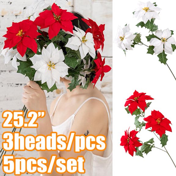 Cheers.US 5Pcs/Set Red Artificial Poinsettia Bouquet Bushes,Fake Poinsettia Christmas Flower Artificial Red Flowers of 3 Heads for Home Garden Indoor Outdoor Christmas Decorations
