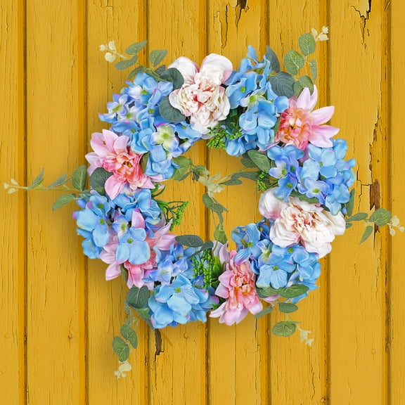 Artificial Hydrangea & Green Leaf Wreath | Spring Blue Embroidered Floral | Outdoor Indoor Decorative Garland for Weddings Parties Home | 1 Piece | Vibrant Welcome Sign