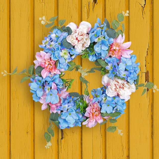 Hortensia artificial y corona de hojas verdes | Anillo floral bordado azul primavera | Guirnalda decorativa de interior al aire libre para bodas fiestas inicio | 1 Pieza | Vibrante letrero de