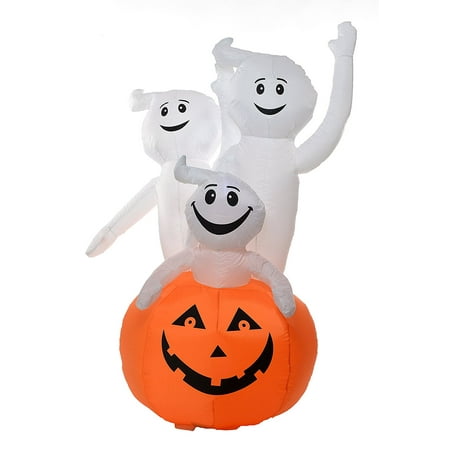 spooky 6 foot self inflating illuminated pumpkin with ghosts halloween yard decoration