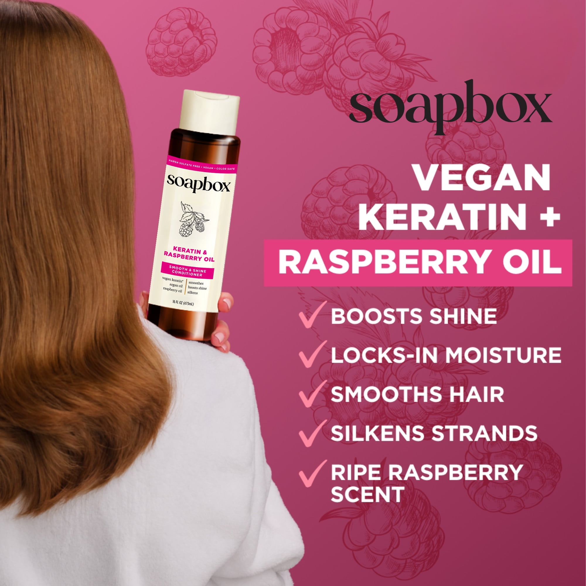 Soapbox Vegan Keratin & Raspberry Seed Oil Smoothing Conditioner with Argan Oil, 16 fl oz