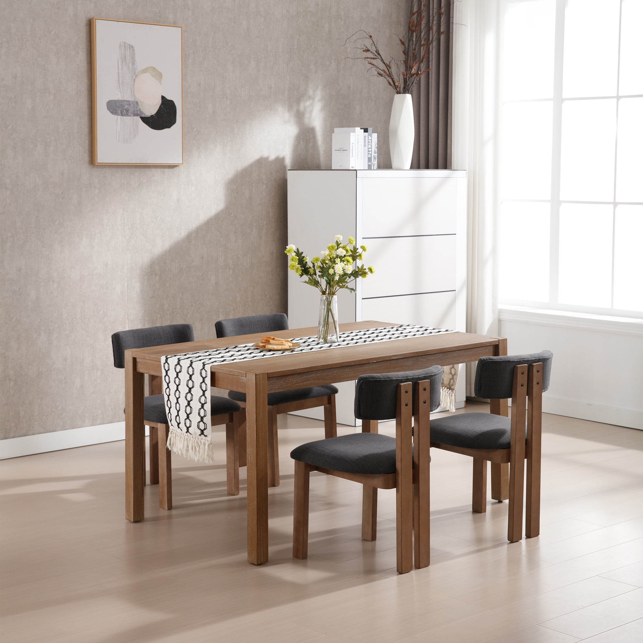 Guyou Wooden Dining Chairs Set of 4, Mid Century Modern Linen Upholstered Dining Side Chairs, Farmhouse Kitchen Chairs with Curved Back for Kitchen Dining Room Living Room, Charcoal