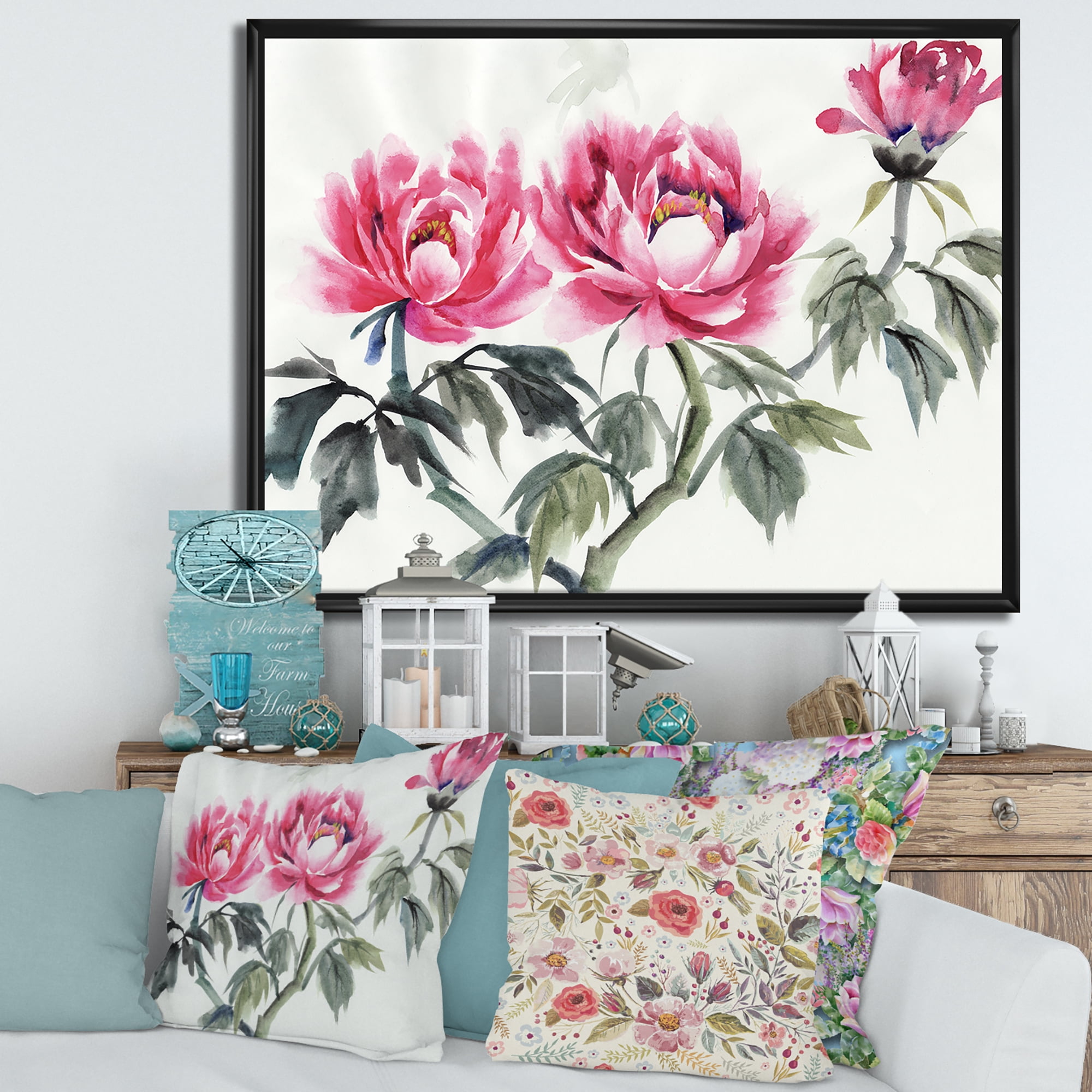 Designart 'Ancient Purple Peonies Branch' Traditional Framed Canvas Wall Art Print