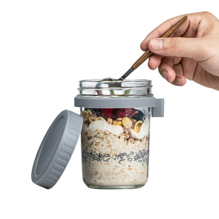 Overnight Oats Jars with Spoon and Lid 16 oz [2 Pack], Airtight Oatmeal Container with Measurement Marks, Mason Jars with Lid for Cereal on The Go