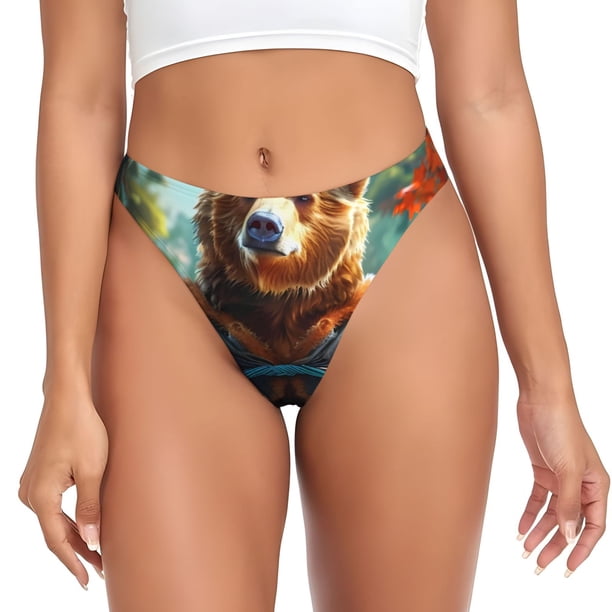 Balery Maple Meditating Bear Tangas de Algodón para Mujer con Estampado – Ropa Interior Sexy, Transpirable, G-string-4X-Large