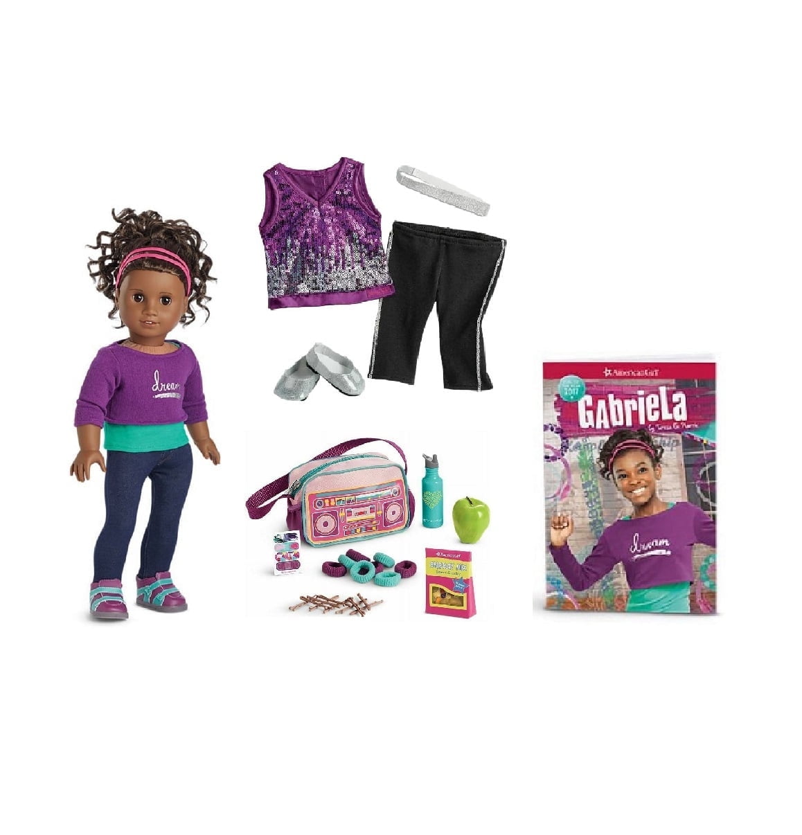 American Girl Doll Gabriela Set 18" Doll and Book with Sparkly Sequins Outfit and Accessories