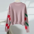thumbnail image 5 of Uootdi Women's Cherry Print Sweater Crew Neck Long Sleeve Knit Pullover Trendy Fall Winter Top Soft Cozy Casual Cropped Jumper Cute Fruit Pattern Sweater for Daily Outfits and Weekend Wear, 5 of 6