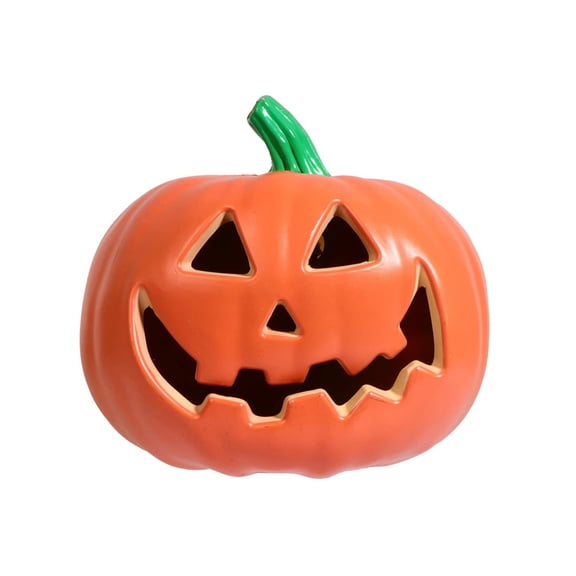 Ceramic Halloween Pumpkin Lantern with Classic Jack-O'-Lantern Face, Indoor and Outdoor Holiday Decoration, Battery Operated, 10 Inch