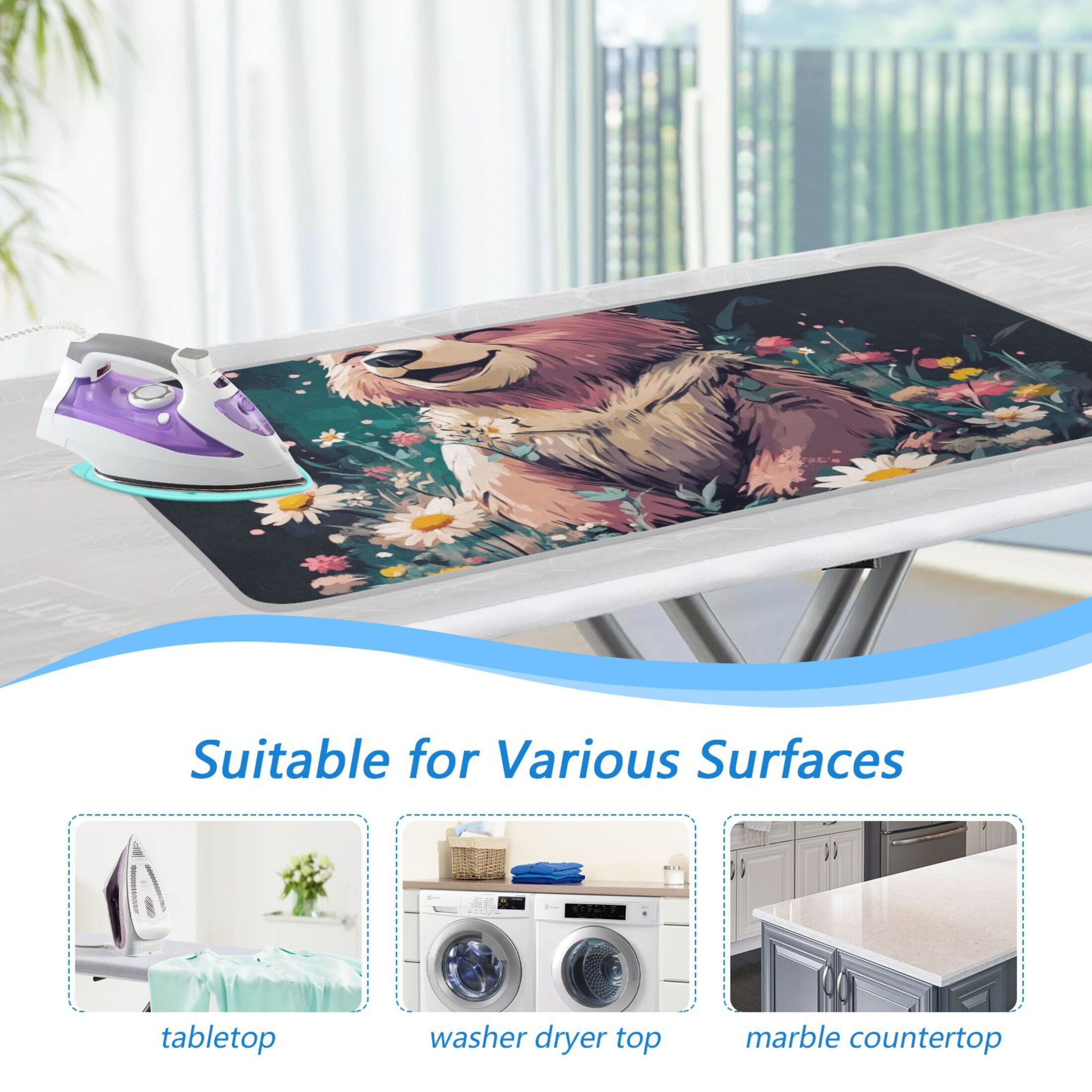 Happy Bear in Flower Field Ironing Mat Blanket for Table Top Travel Portable Ironing Board Pad 47.2x27.6 Inch