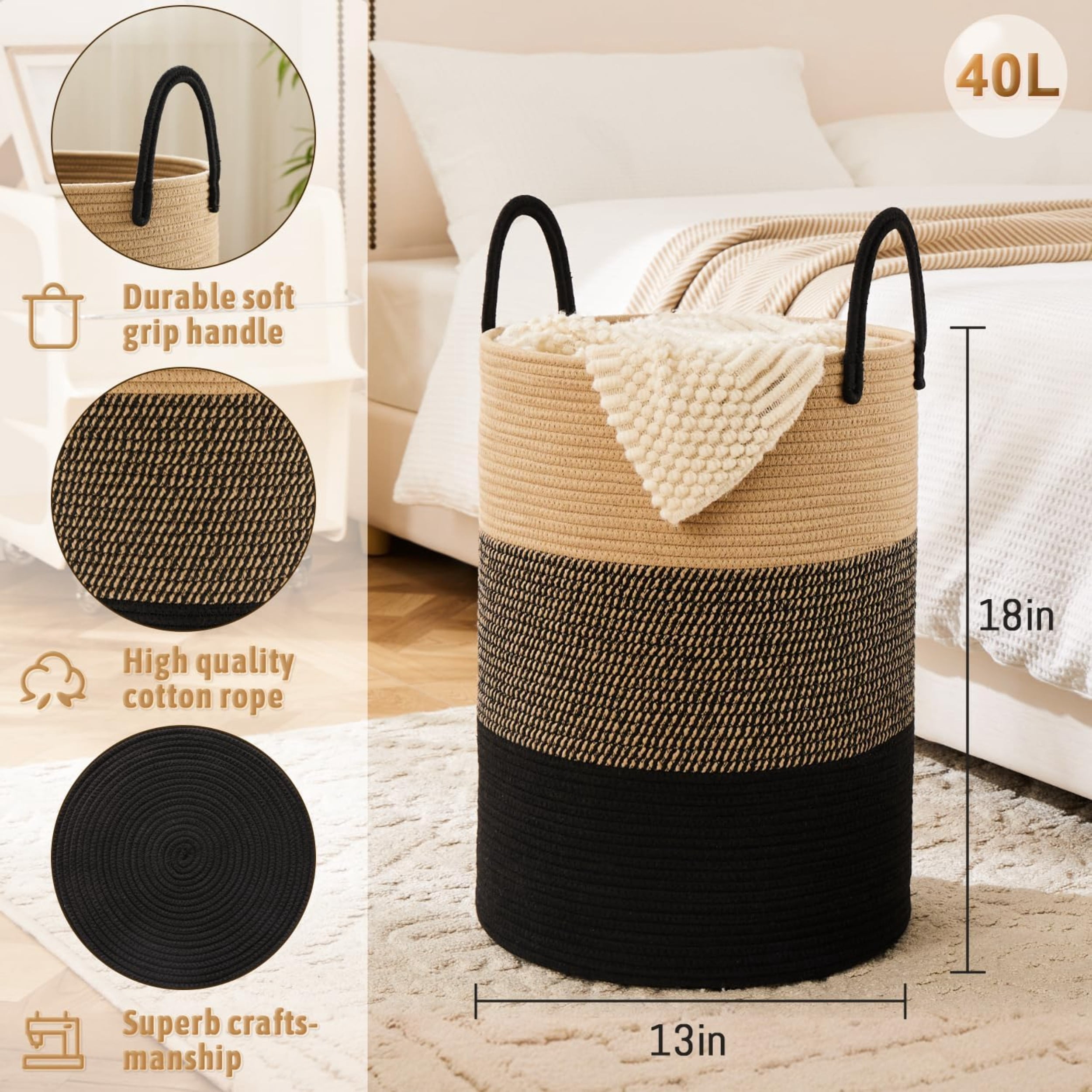 Laundry Basket, Woven Cotton Rope Laundry Hamper, Decor Storage of Dirty Clothes, Toys and Blankets in Bathroom, Baby Room and Living Room