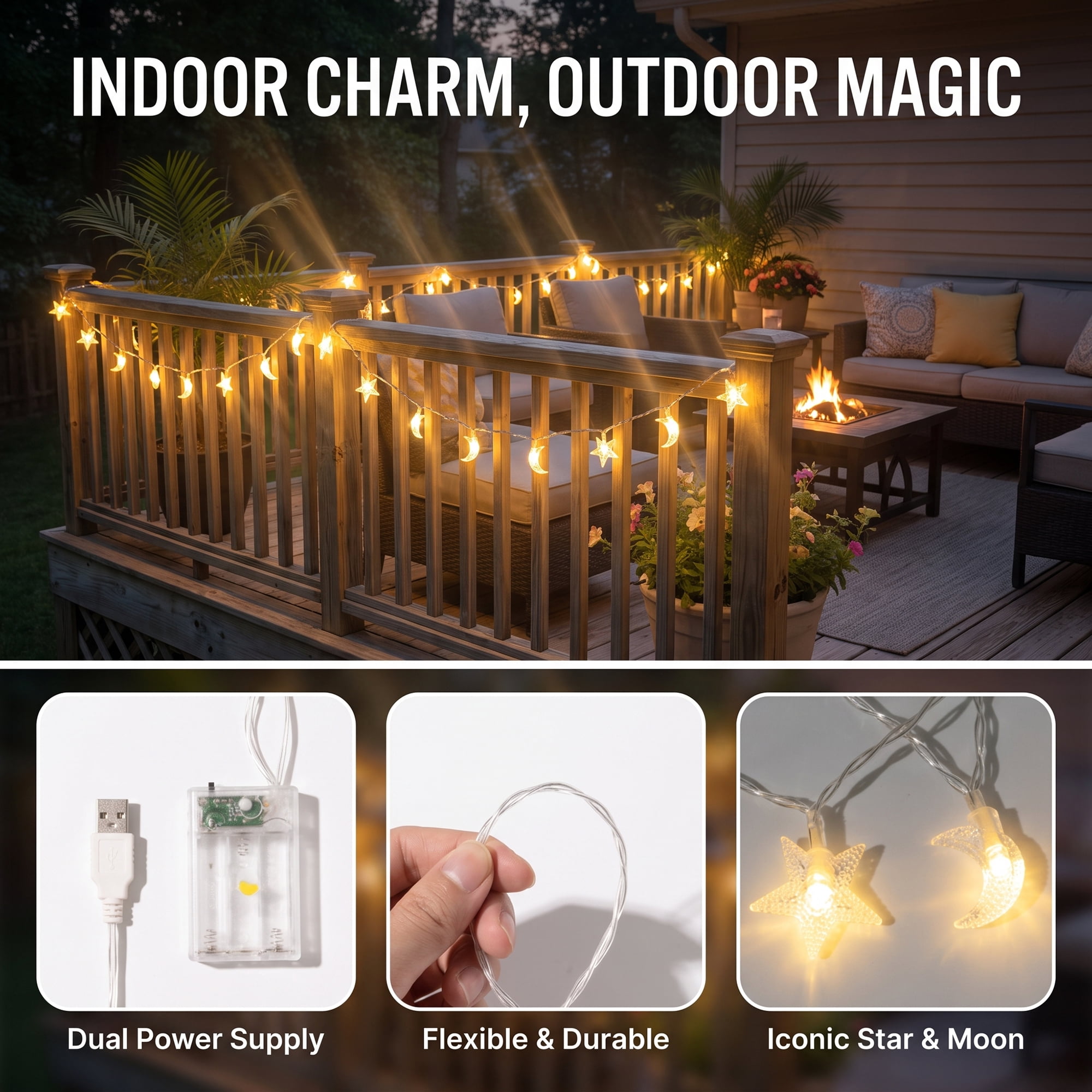 Unique Bargains Star and Moon Fairy Light with Flexible Wire 9.8 ft Battery or USB Powered