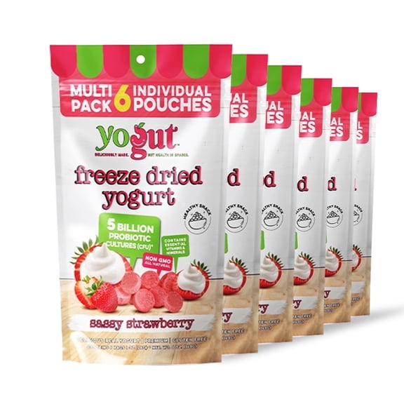 YoGut Freeze-Dried Strawberry Yogurt Bites, Crunchy Snack with Probiotics, Gluten-Free, Non-GMO, 6 Pack for Kids & Adults