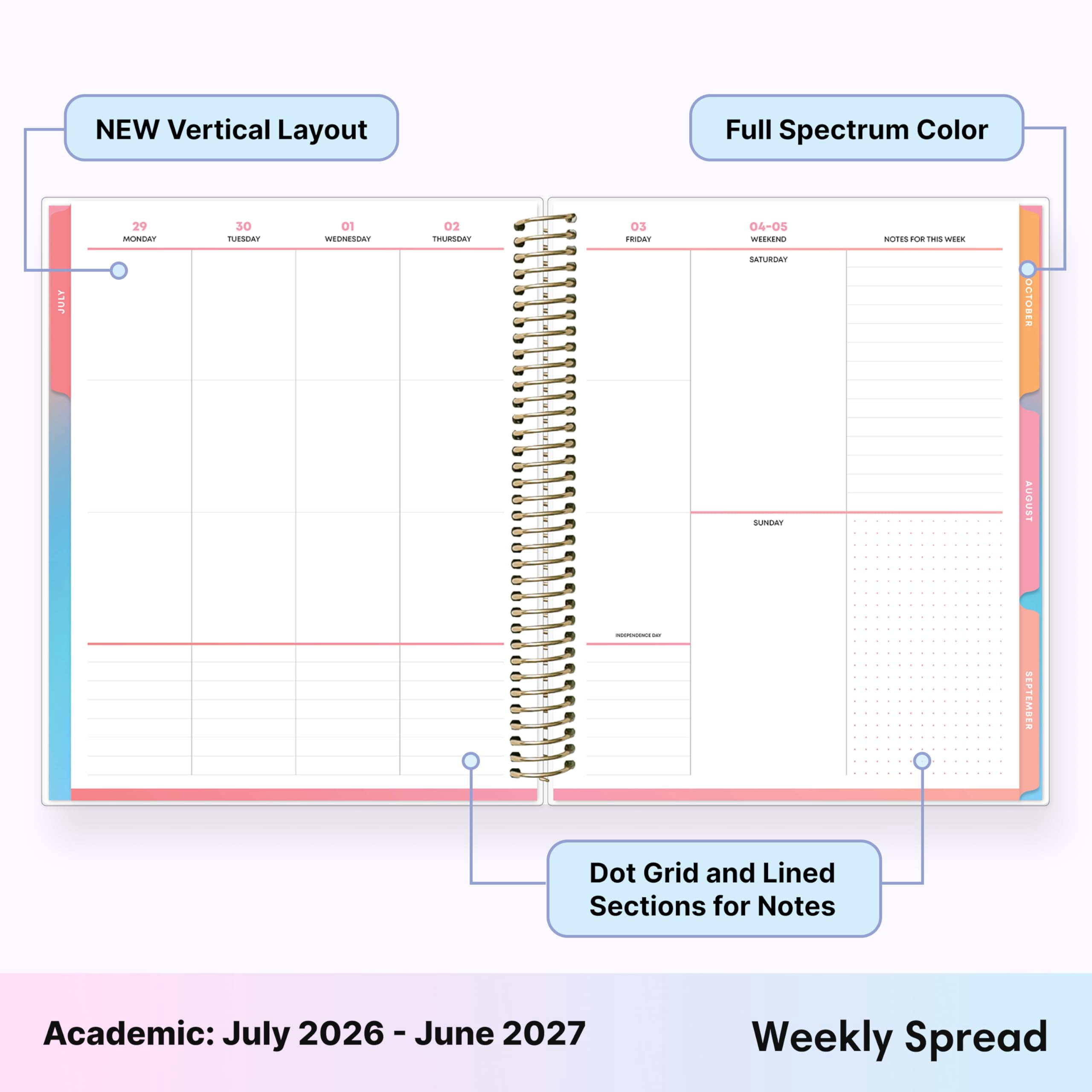 Blue Sky Livewell 2026-2027 Weekly and Monthly Academic Year Planner Calendar, July 2026 - June 2027, 7" x 9", Flexible Cover, Wirebound, Colorful Interior, Storage Pocket, Includes Stickers, Charmie
