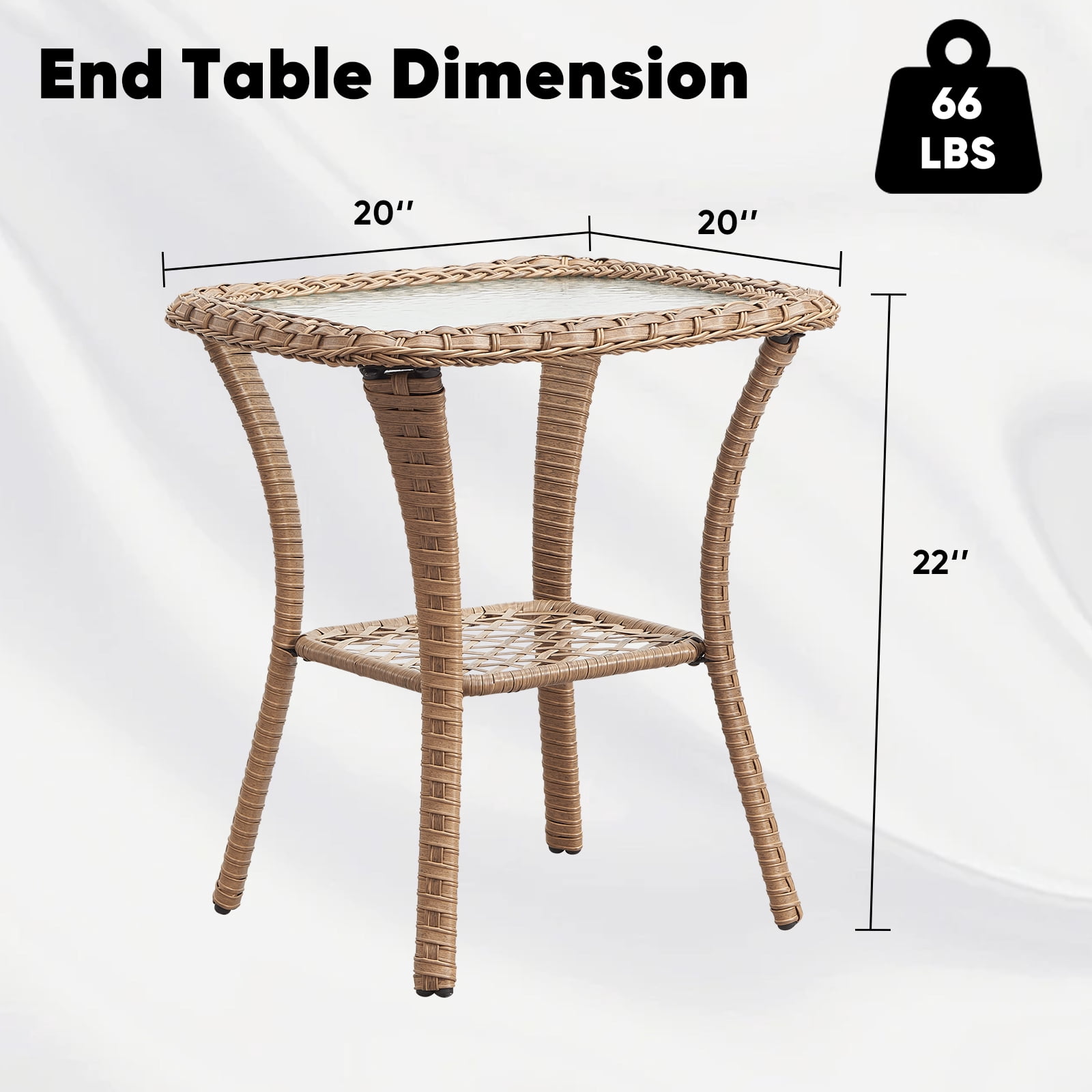 PARKWELL Outdoor Patio Side Table Square Wicker End Table with Glass Top, Yellow