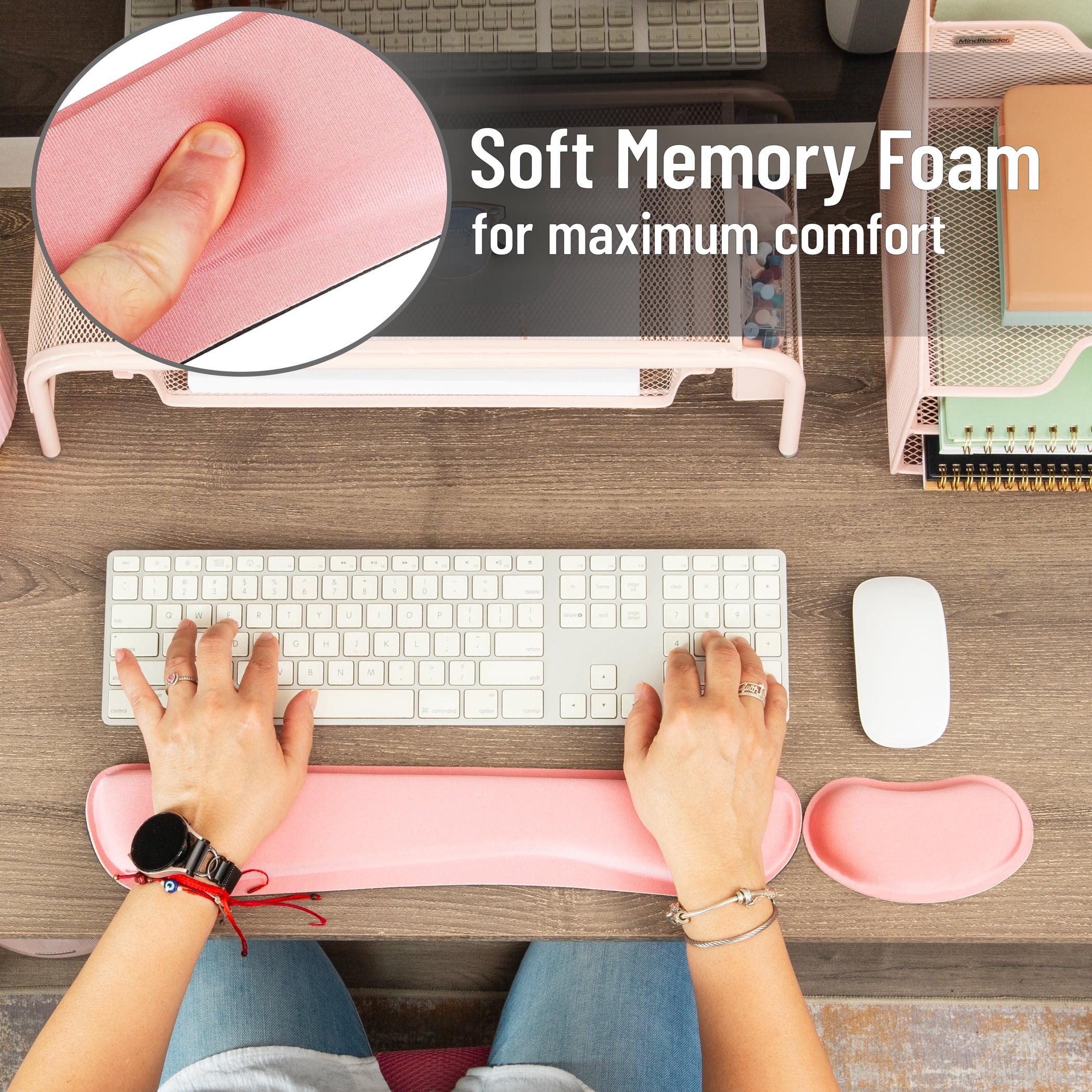 Mind Reader Ergonomic Wrist Rest Set, Keyboard and Mouse Support with Memory Foam, Non-Slip Base, Office and Gaming, Pink