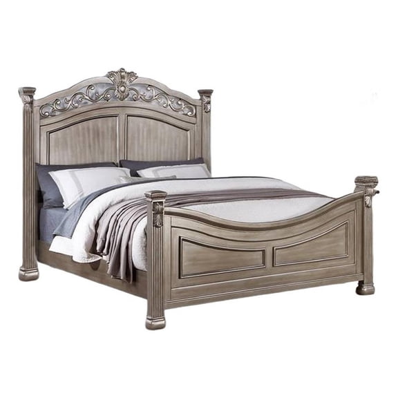 Benjara Aza Traditional Wood California King Bed- Leaf Carvings- Champagne Gold
