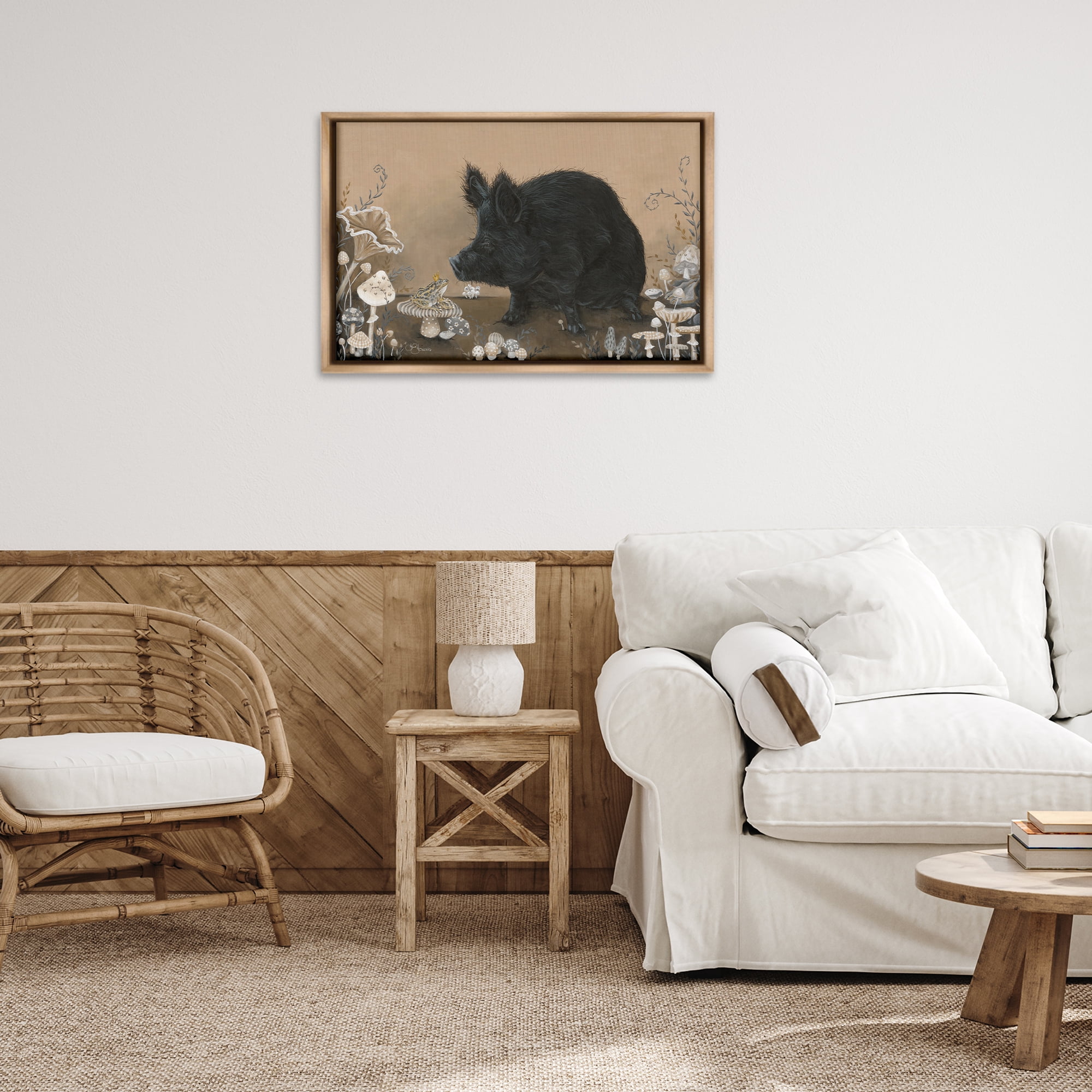Stupell Industries Hog & Frog with Mushrooms Animals & Insects Painting Brown Floater Framed Canvas Art Print Wall Art, 31 x 21