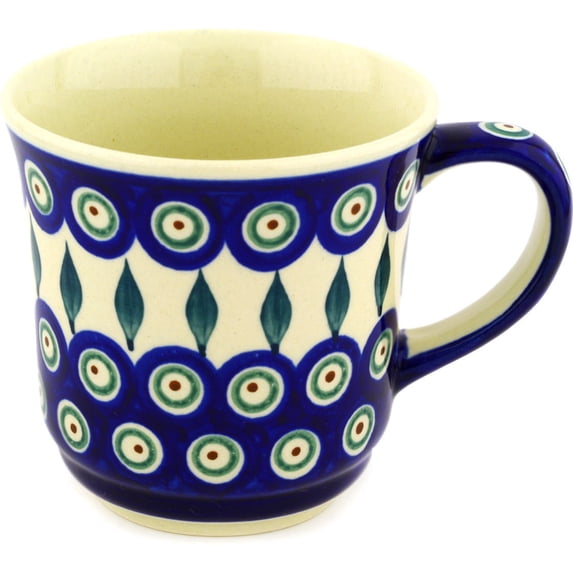 Polish Pottery 12 oz Mug (Peacock Leaves Theme) Hand Painted in Boleslawiec, Poland + Certificate of Authenticity