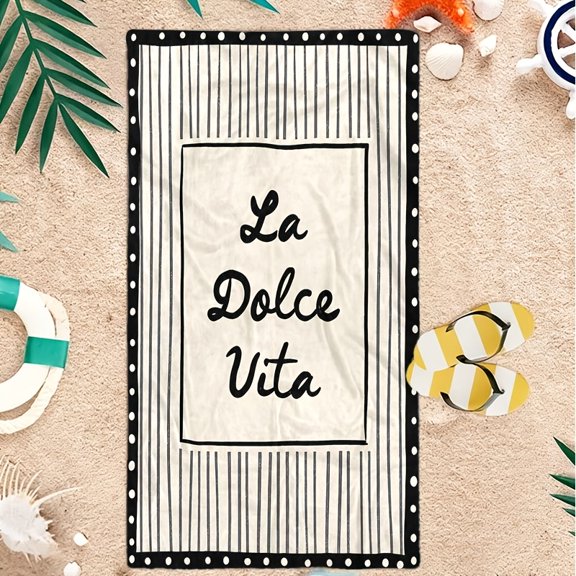 Black and white polka dot striped "La Vita" Italian tagline digital high definition printing beach towel, perfect for summer travel, beach essentials, swimming pools and outdoor activities