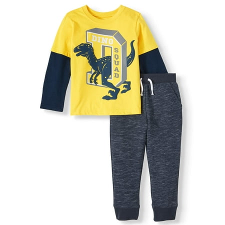 Garanimals Long Sleeve Hangdown Graphic T Shirt & French Terry Joggers, 2pc Outfit Set (Toddler Boys)