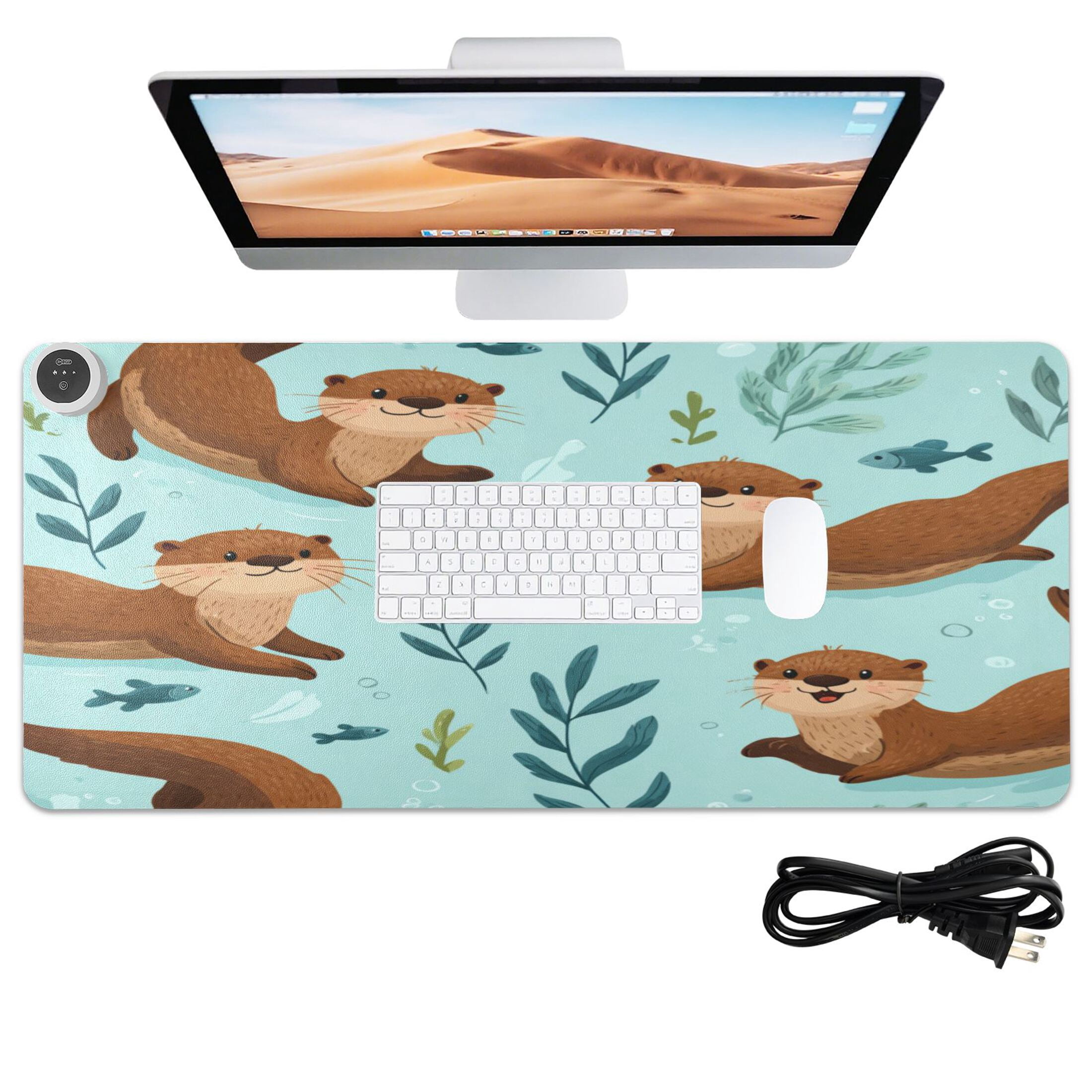 Large Heated Desk Mat Mouse Pad 31.5"x13"PU Leather Graphene Heating Desk Warmer with 3 Temperature Settings 110V US Plug Non-Slip Warm Pad for Home, Office, and Gaming Happy Otter Underwater Art